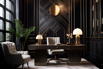 Fototapeta premium Opulent Art Deco Office Design: Marble Tabletops and Luxurious Textures