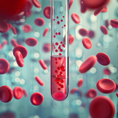analysis in a laboratory with blood samples or DNA tests. Hemoglobin particles on the background and in a test tube