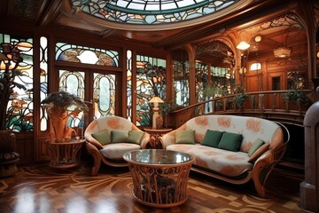 Fototapeta premium Art Nouveau Living Room: Artistic Accents, Rich Materials, Decorative Details Exemplified