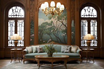 Fototapeta na wymiar Art Nouveau Living Room Inspirations: Artistic Upholstery & Grand Chandeliers Galore