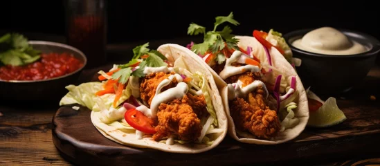 Tuinposter Two delicious chicken tacos filled with crispy fried chicken, fresh lettuce, and drizzled with savory tomato sauce. The tacos are served on a plate, ready to be enjoyed. © 2rogan