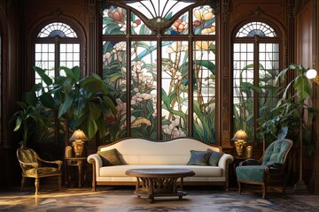 Fototapeta premium Bold Patterns and Organic Shapes: Art Nouveau Living Room Inspiration with Lush Greenery