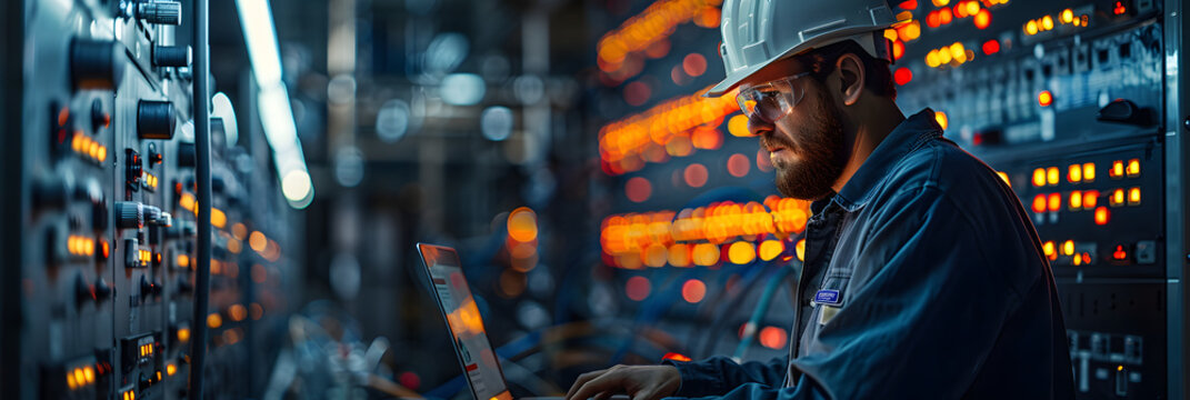 An engineer with a laptop A programmable logic controller controls a massive fully automated