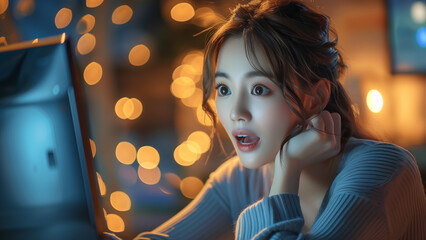 Fototapeta premium PC画面を見つめながら驚く女性
