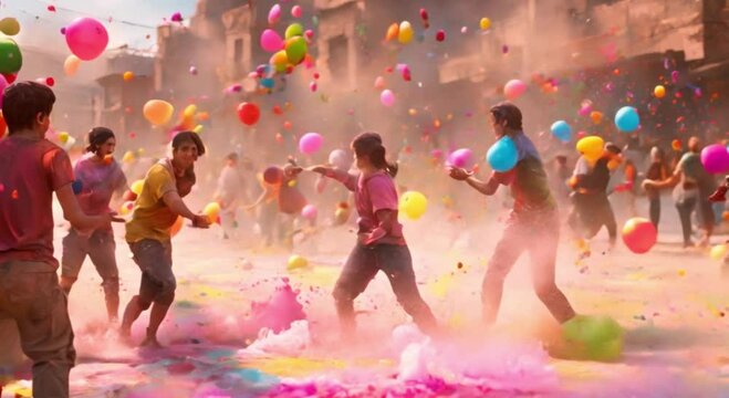 Balloon Battle: footage of a Colorful Balloon Fight in Celebration of the Happy Holi Event, Filled with Laughter, Splashes of Color, and Festive Fun