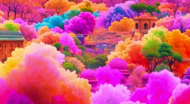 Holi Happiness: A Colorful Landscape Celebrating the Joy and Vibrancy of the Holi Festival, Filled with Bright Colors and Cheerful Spirits