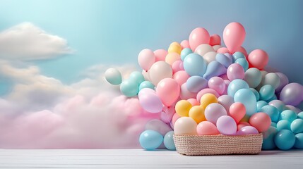 Colorful balloons in basket on blue sky background with copy space
