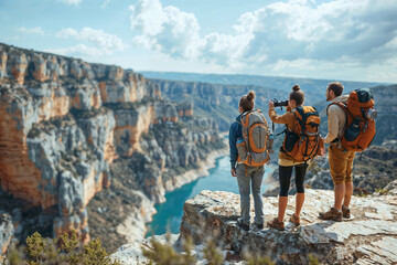 Obraz premium Group of hikers overlooking a canyon