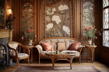 Fototapeta na wymiar Vintage Elegance: Art Nouveau Living Room Inspirations with Ornate Details and Stylish Comfort