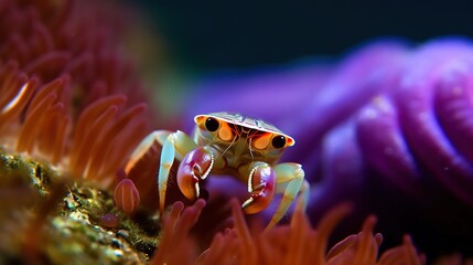 Obraz premium Macro shot of a small crab on a coral reef in a marine aquarium