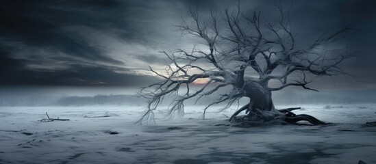 A dead tree stands alone in the middle of a snowy field, its bare branches reaching skyward. The white snow contrasts starkly with the dark, lifeless tree, creating a haunting scene in the cold winter