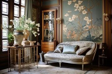 Art Nouveau Living Room: Intricate Wallpaper, Antique Accessories, Elegant Drapery Inspiration