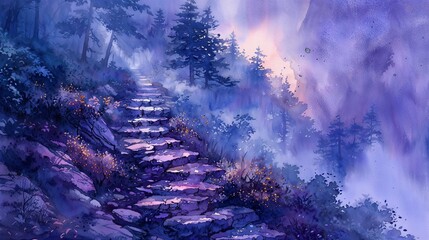A mystical forest path rendered in watercolor