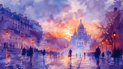 A diffused watercolor of a vintage Parisian street scene