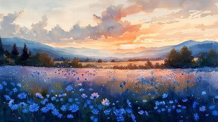 A watercolor of a summer meadow at dawn