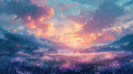 A watercolor of a summer meadow at dawn