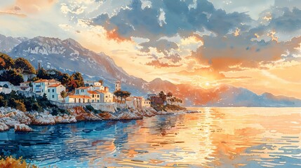An impressionistic watercolor of a Mediterranean coastline