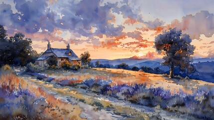 A pastoral watercolor scene, with the luminous pastel palette depicting the soft glow of dawn casting a peaceful lavender and blue over a sleeping countryside