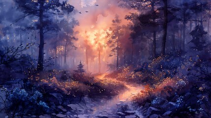 A mystical forest path rendered in watercolor