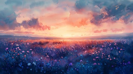 A watercolor of a summer meadow at dawn