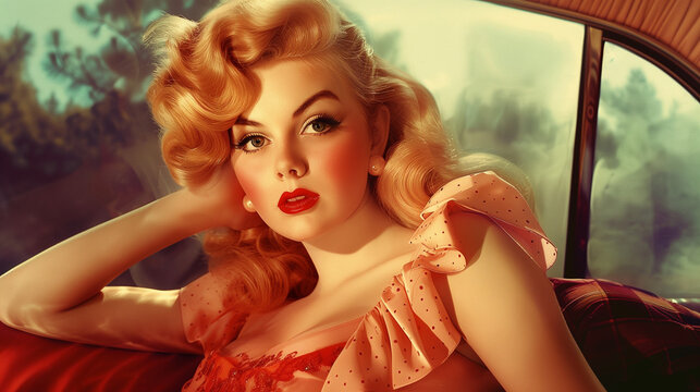 vintage-style pinup illustration depicts an attractive blonde woman with curled hair and red lipstick posing glamorously in a polka-dot dress while seated in a classic car.