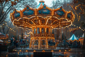 An elegant, ornate carousel stands still embellished with glowing lights against a dim, moody evening sky
