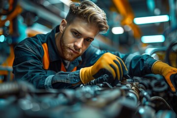 Sharp image of a bearded mechanic working intently on an engine in a factory setting