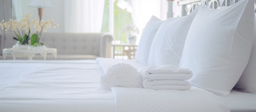 A close up view of a bed with freshly laundered white sheets and fluffy pillows neatly arranged. The immaculate bedding creates a sense of cleanliness and comfort.