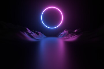 3D Ultraviolet Neon Circle reflected on wet floor into the mountains.