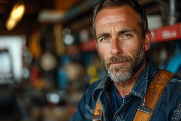 Obraz premium Close-up portrait of a middle-aged mechanic with a reflective gaze and seasoned features in a workshop
