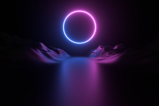 3D Ultraviolet Neon Circle reflected on wet floor into the mountains.