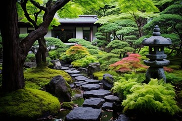 Naklejka premium Babbling Brook and Japanese Maples: Tranquil Zen Garden with Stone Lanterns