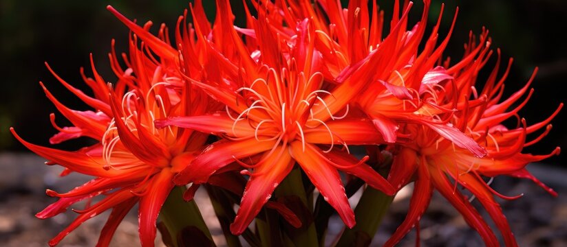 A detailed view of a vibrant red Paeoni Lactiflor Flame Flower blooming proudly on a green plant, showcasing its delicate petals and intricate details in full bloom.