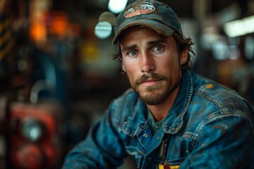 Fototapeta premium Close-up portrait of a man in denim with clear blue eyes and a cap, sitting in a workshop environment