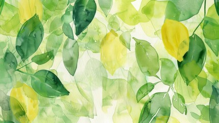 Abstract watercolor painting featuring shades of green with lemon and lime motifs, ideal for peaceful and natural-themed decor