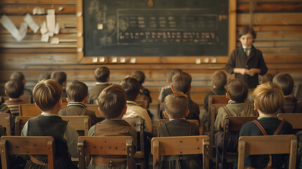 vintage photo of a class in a rural school, children are sitting at their desks, bored. The teacher is at the blackboard. View from the back