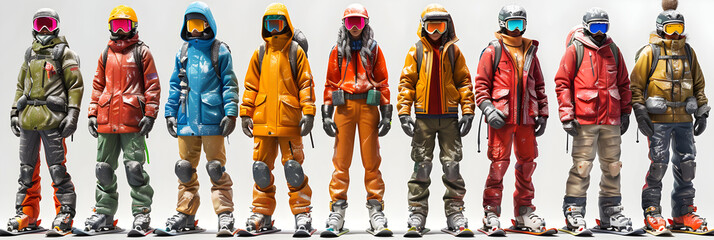 A 3D animated cartoon render of a diverse group of snowboarders posing. - obrazy, fototapety, plakaty