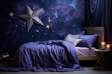 Metallic Star Wall Decals, Blue & Purple Bedding, Ambient Lighting: Celestial-Themed Bedroom Decors - obrazy, fototapety, plakaty
