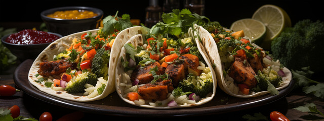 Tacos wrapped with crispy chicken and fresh vegetables (can be used as various food photos)