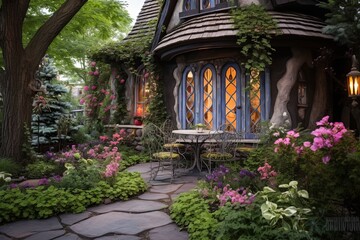 Fototapeta premium Enchanted Cottage Garden Patio: Fairy Tale-Inspired Garden and Whimsical Touches