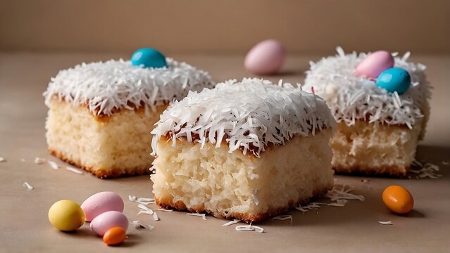 Easter lamingtons, coconut cakes on a beige background for easter day created with generative ai