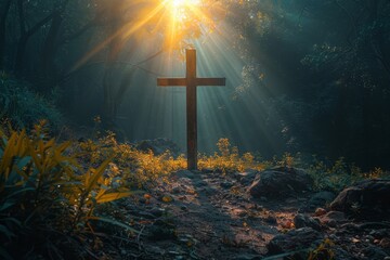 cross of jesus christ on sorrow darkness and bright light and rays background. Generative AI - obrazy, fototapety, plakaty
