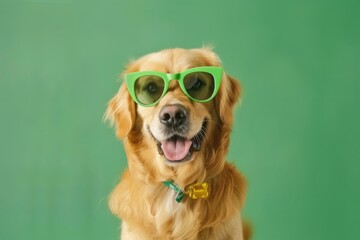 Cute dog with party glasses on color background. St. Patrick's Day celebration. Generative AI - obrazy, fototapety, plakaty