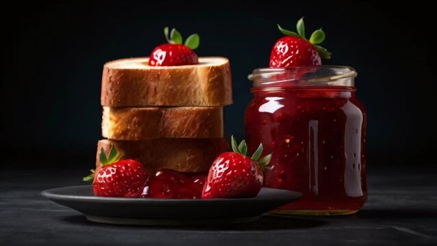 jar of strawberry jam and fresh strawberry and toast with jam on a dark background created with generative ai.