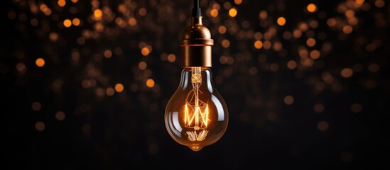A single vintage light bulb hangs from the ceiling, casting a warm glow in an otherwise dark room. The filament inside the bulb emits a soft, ambient light, illuminating the immediate surroundings. - obrazy, fototapety, plakaty