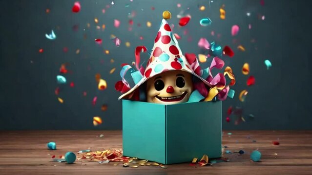 ack in the Box with confetti, jester hat. April fool day concept with box surprise. Banner 3D illustration created with generative ai.