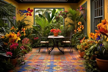 Ceramic Tiles Paradise: Vibrant Decor Inspirations in Lush Tropical Backyard Patio with Colorful Patterns