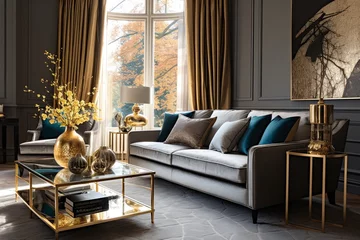 Fototapeten Gold Detailing Elegance: Luxe Velvet and Plush Upholstery Living Room Ideas © Michael