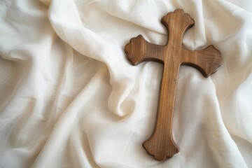 Good Friday and Holy week concept - A religious cross on white fabric background. Generative AI