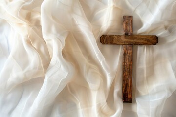 Good Friday and Holy week concept - A religious cross on white fabric background. Generative AI